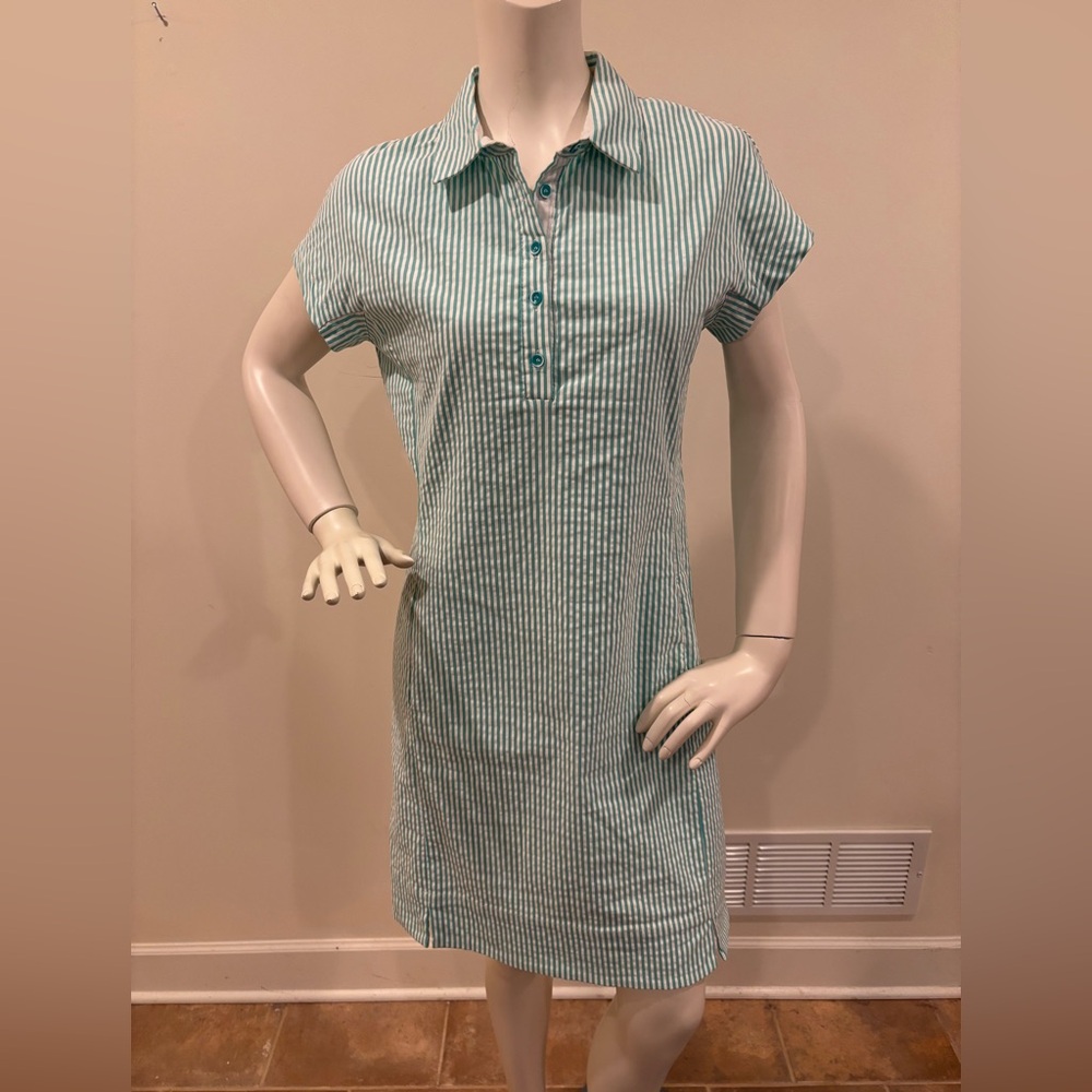 Renuar Collared Seersucker Teal and White Cotton Striped Short Sleeve Dress, M